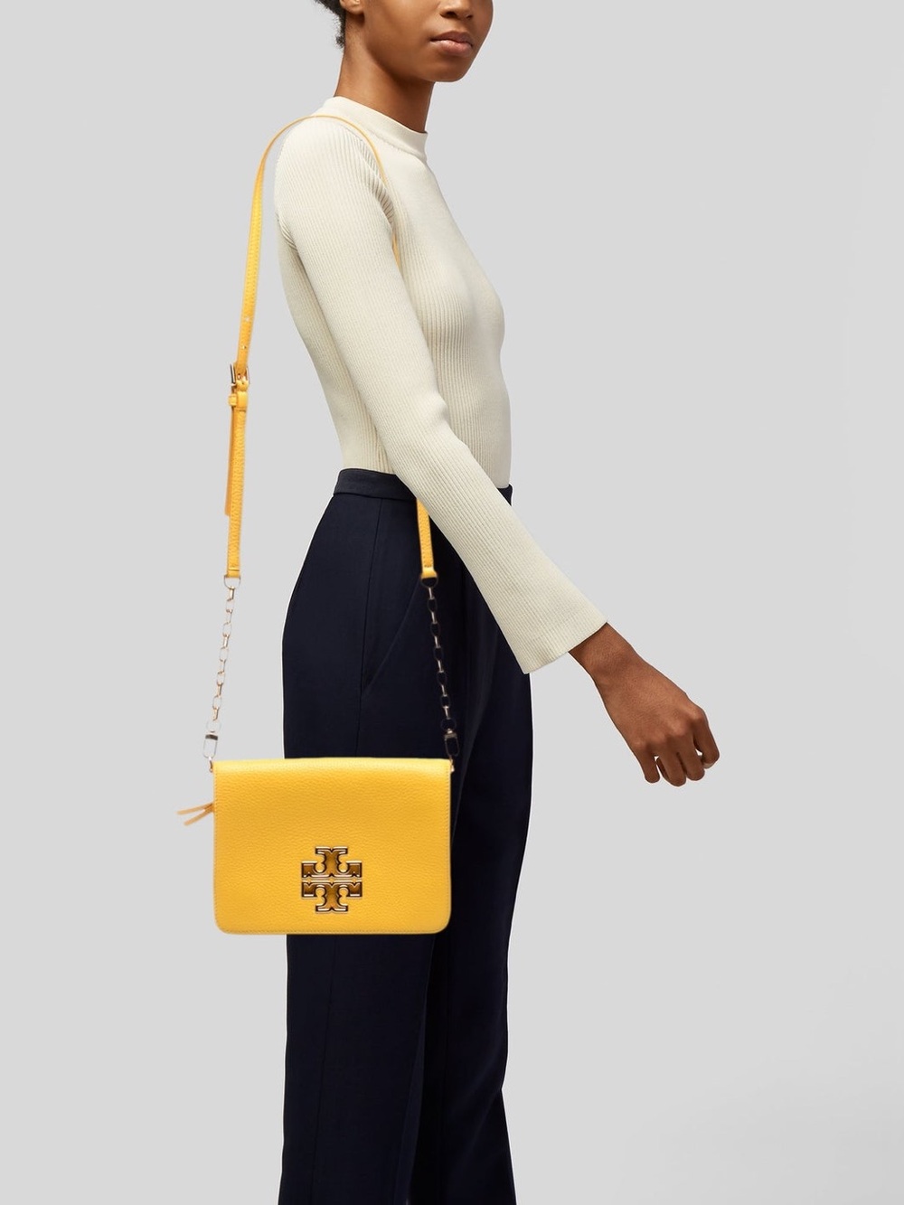Tory Burch Bright Yellow Pebbled Leather Crossbody Bag with Logo